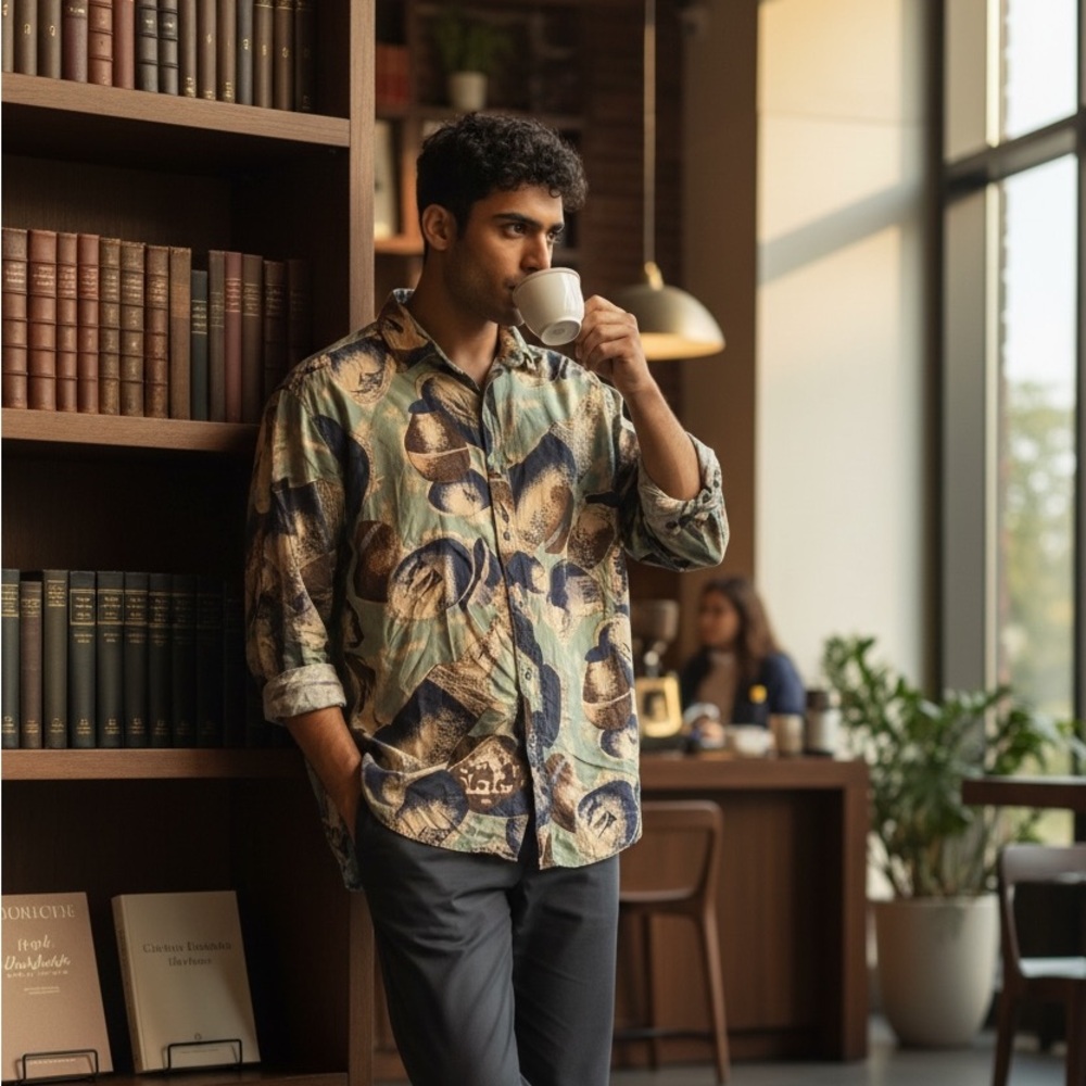 Vintage Pure 100% Silk Abstract Pottery Print Long Sleeve Button Up Shirt Small